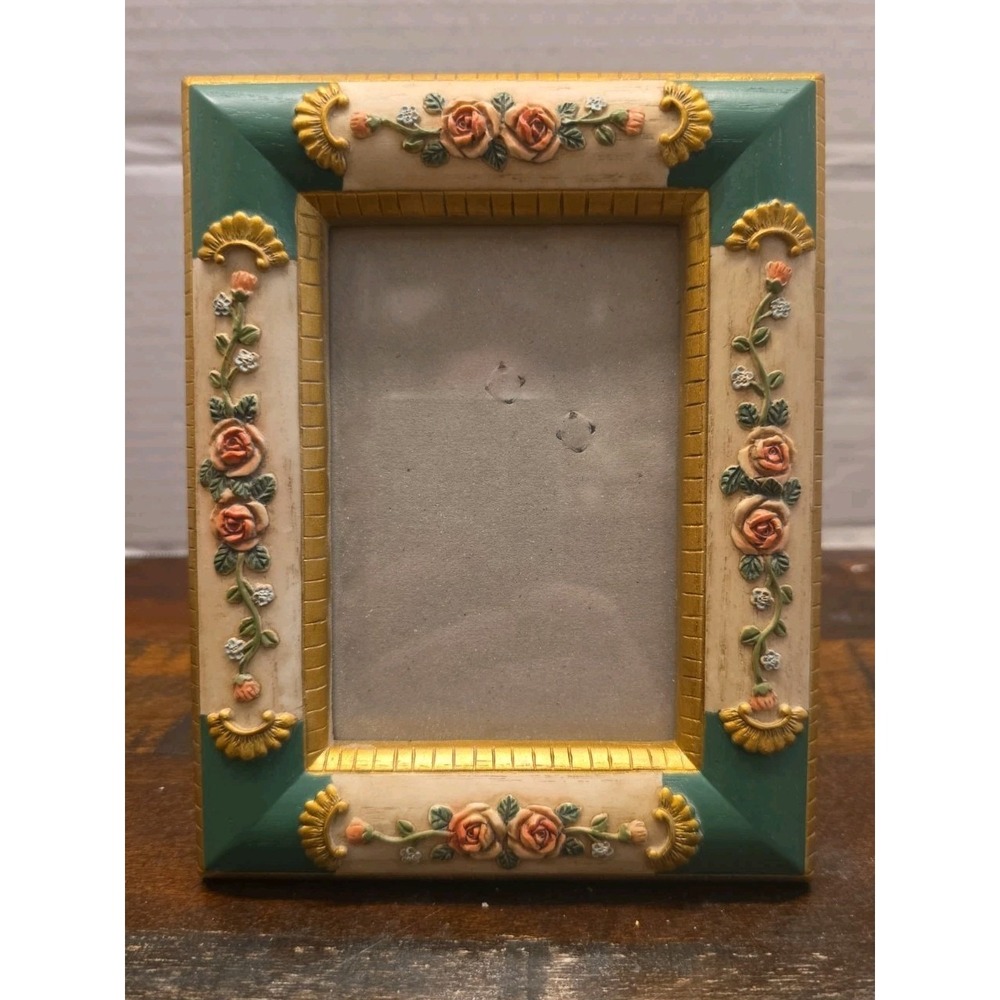 Vtg Ornate Resin Picture Frame Green Gold 3D Floral Rose Garland Tabletop
